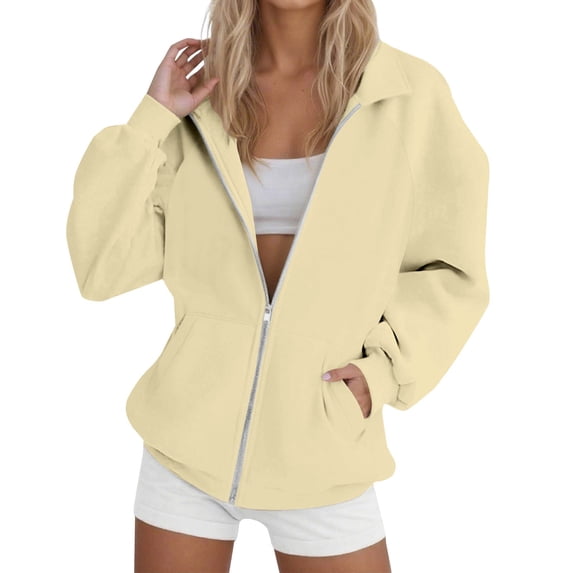 ManxiVoo Women's Oversized Lapel Zip Front Hoodie Raglan Sleeve Loose Casual Pullover Sweatshirt L Size Beige