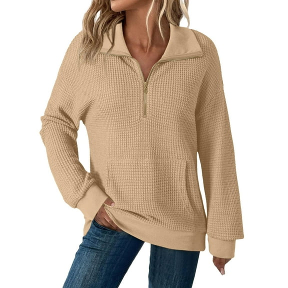ManxiVoo Women's Oversized Quarter Zip Pullover Sweatshirt Long Sleeve Comfortable Loose Casual Fall Top L Size Khaki
