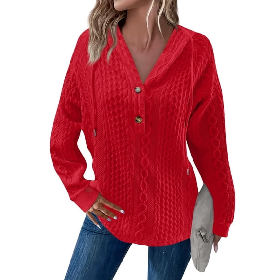 ManxiVoo Women's Oversized V-Neck Button Detail Hoodie Long Sleeve Drawstring Casual Knit Sweater L Size Red