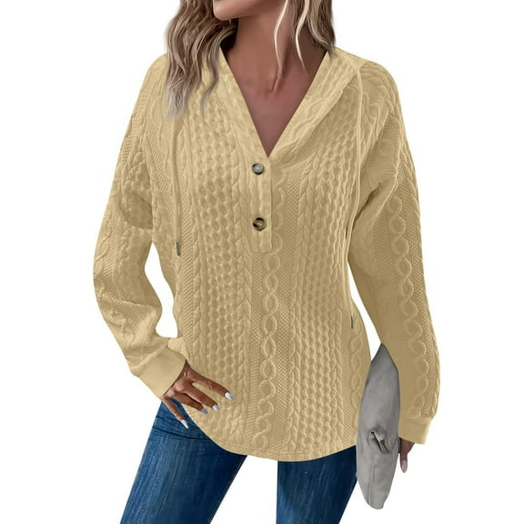 ManxiVoo Women's Oversized V-Neck Button Detail Hoodie Long Sleeve Drawstring Casual Knit Sweater XXXL Size Khaki