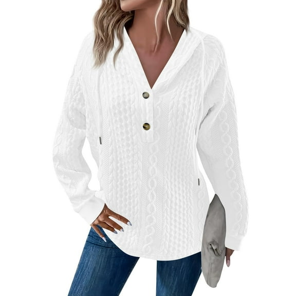 ManxiVoo Women's Oversized V-Neck Button Detail Hoodie Long Sleeve Drawstring Casual Knit Sweater XXXL Size White