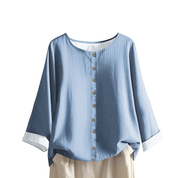 ManxiVoo Women's Printed Long Sleeve Blouse Casual Button Down Shirt Flowy Comfort Fit Trendy Patterned Tops for Daily Outfits XL Size Sky Blue