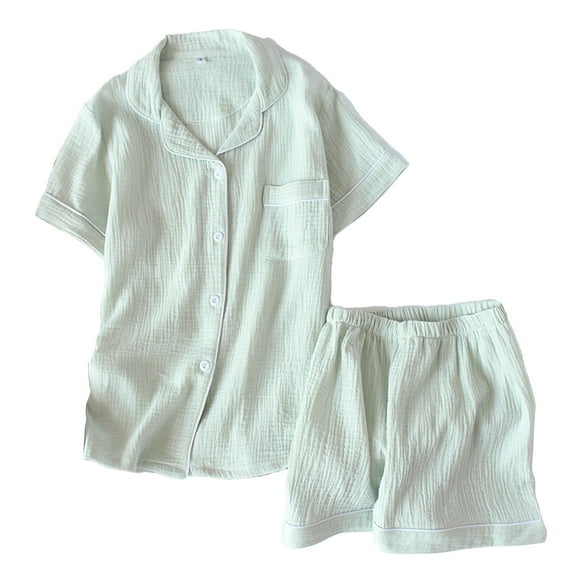 ManxiVoo Women's Pure Cotton Short Sleeve Pajama Set Woven Checkered Top and Shorts Lightweight Breathable Home Lounge Wear XL Size Green