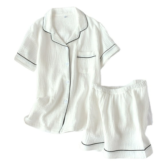 ManxiVoo Women's Pure Cotton Short Sleeve Pajama Set Woven Checkered Top and Shorts Lightweight Breathable Home Lounge Wear XL Size White