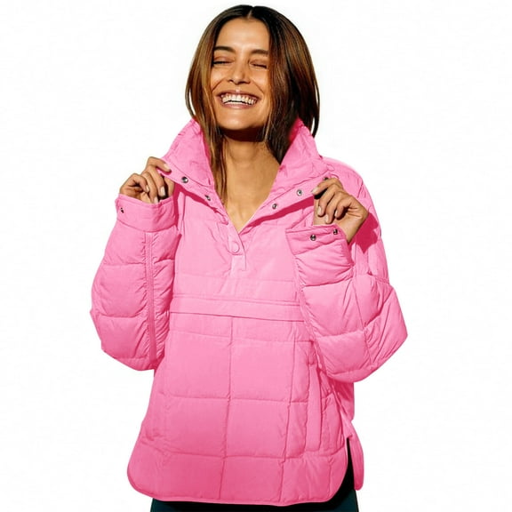 ManxiVoo Women's Quilted Stand Collar Jacket Long Sleeve Lightweight Warm Puffer Coat with Pockets Winter XXL Size Hot Pink