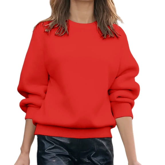 ManxiVoo Women's Ribbed Knit Pullover Sweater Crewneck Long Sleeve Loose Fit Basic Jumper Fall Fashion S Size Red