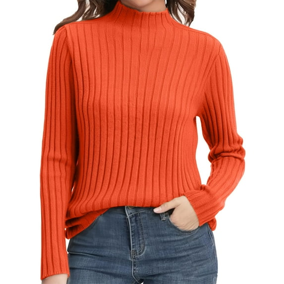 ManxiVoo Women's Ribbed Knit Turtleneck Sweater Long Sleeve Pullover Basic Chic Fall Winter Fashion Top L Size Orange