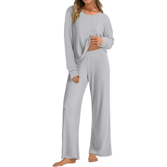 ManxiVoo Women's Ribbed Knit Two Piece Lounge Set Long Sleeve Comfortable Casual Sportswear Coordinated Loungewear Outfit M Size Grey