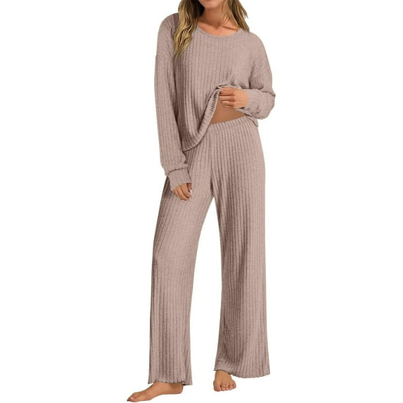 ManxiVoo Women's Ribbed Knit Two Piece Lounge Set Long Sleeve Comfortable Casual Sportswear Coordinated Loungewear Outfit S Size Brown
