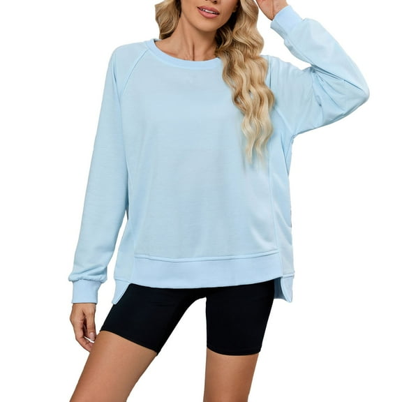 ManxiVoo Women's Ribbed Round Neck Pullover Sweater Cropped Comfortable Loose Long Sleeve Fall Fashion S Size Sky Blue