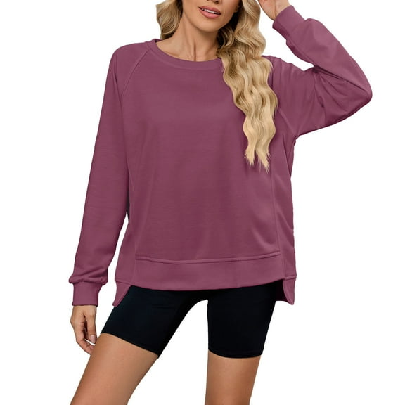 ManxiVoo Women's Ribbed Round Neck Pullover Sweater Cropped Comfortable Loose Long Sleeve Fall Fashion S Size Wine