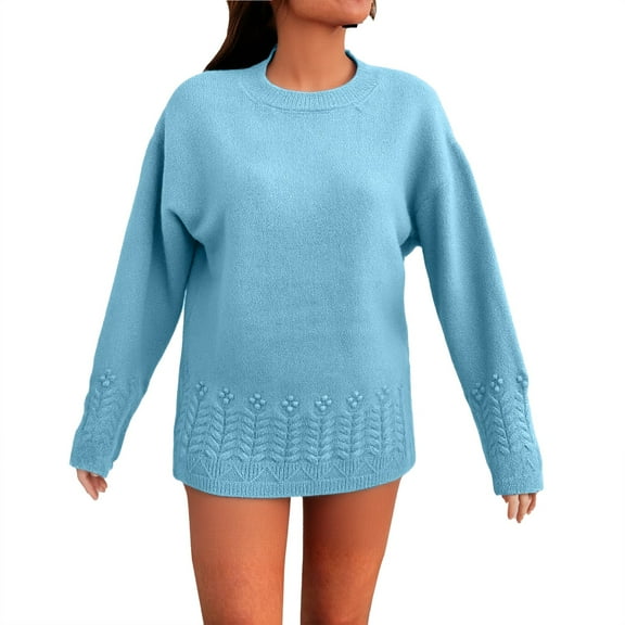 ManxiVoo Women's Round Neck Knit Sweater with Floral Crochet Design Vintage Style Pullover Top L Size Light Blue