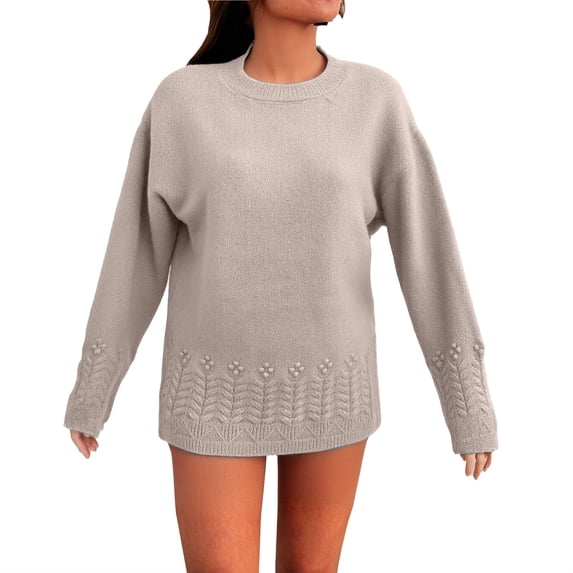 ManxiVoo Women's Round Neck Knit Sweater with Floral Crochet Design Vintage Style Pullover Top S Size Khaki