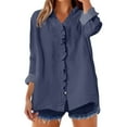 thumbnail image 1 of ManxiVoo Women's Ruffled V Neck Blouse Long Sleeve Loose Fit Patchwork Solid Color Button Down Shirt Elegant Casual Tops S Size Navy, 1 of 5