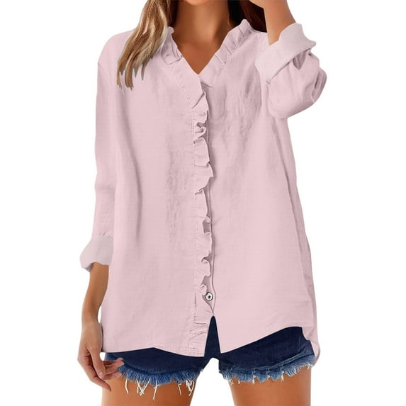 ManxiVoo Women's Ruffled V Neck Blouse Long Sleeve Loose Fit Patchwork Solid Color Button Down Shirt Elegant Casual Tops S Size Pink