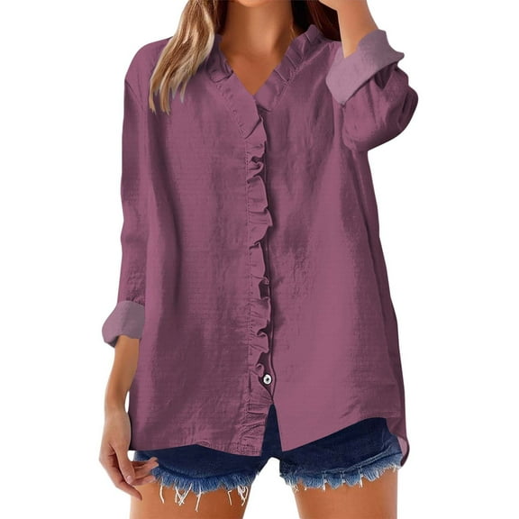 ManxiVoo Women's Ruffled V Neck Blouse Long Sleeve Loose Fit Patchwork Solid Color Button Down Shirt Elegant Casual Tops XXXL Size Red
