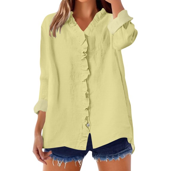 ManxiVoo Women's Ruffled V Neck Blouse Long Sleeve Loose Fit Patchwork Solid Color Button Down Shirt Elegant Casual Tops XXXL Size Yellow