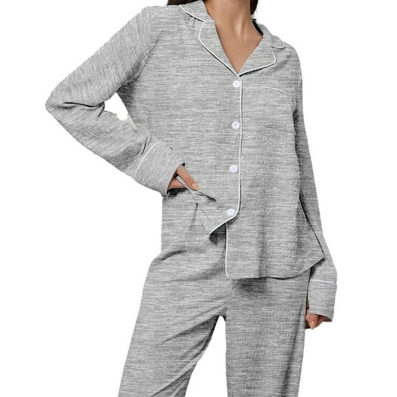 ManxiVoo Women's Satin Pajama Set Classic Collar Long Sleeve Comfortable Loungewear for All Seasons L Size Grey
