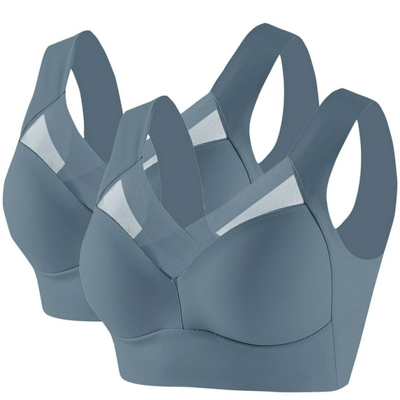 ManxiVoo Women's Satin Support Sports Bra 2 Pack Wireless Comfort Fit for Mature Users Lifting Effect Wide Back Design L Size Blue