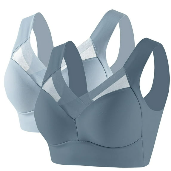 ManxiVoo Women's Satin Support Sports Bra 2 Pack Wireless Comfort Fit for Mature Users Lifting Effect Wide Back Design L Size Dark Blue