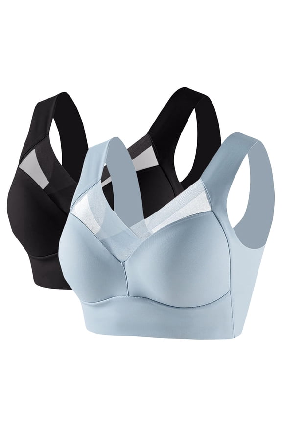 Women's Satin Support Sports Bra 2 Pack Wireless Comfort Fit for Mature Users Lifting Effect Wide Back Design XL Size Sky Blue