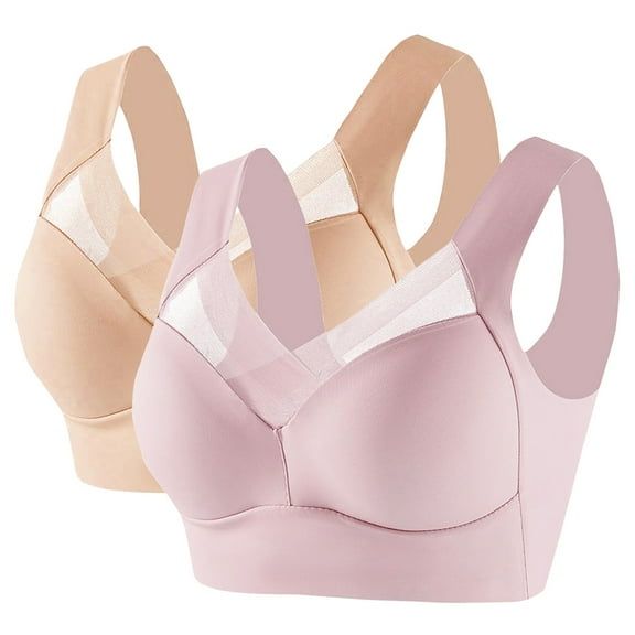 ManxiVoo Women's Satin Support Sports Bra 2 Pack Wireless Comfort Fit for Mature Users Lifting Effect Wide Back Design XXL Size Light Pink