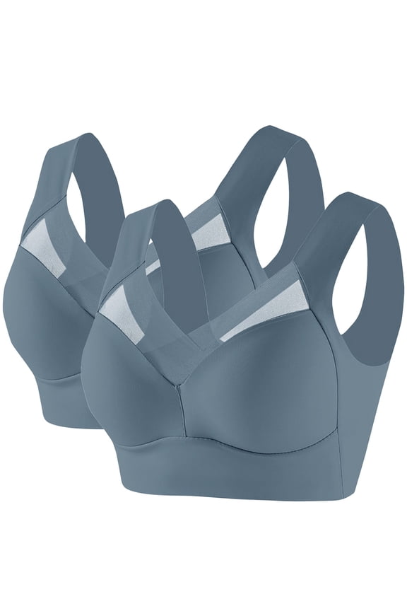 Women's Satin Support Sports Bra 2 Pack Wireless Comfort Fit for Mature Users Lifting Effect Wide Back Design XXXL Size Blue