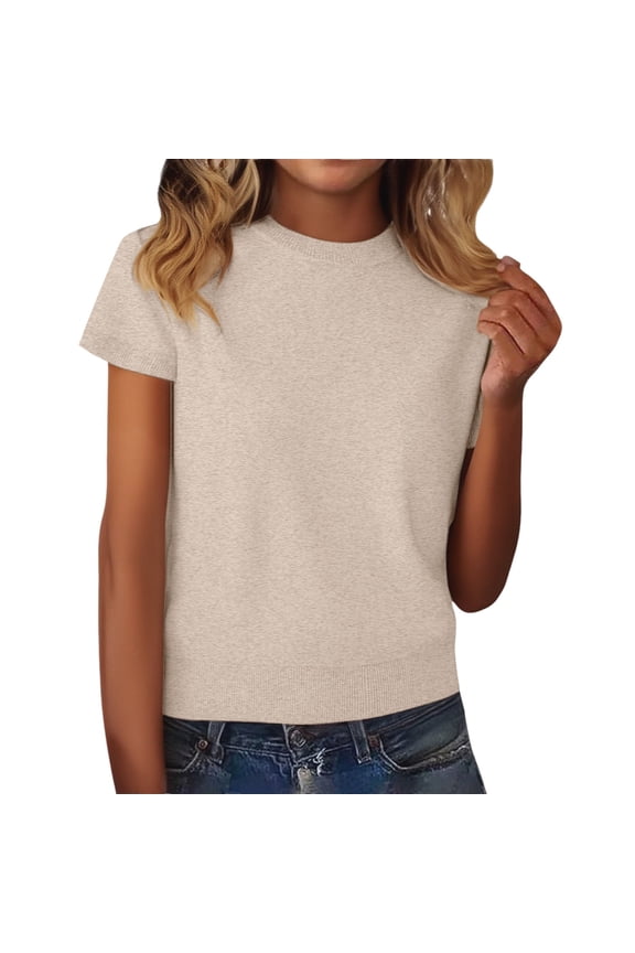 Women's Short Sleeve Wool Blend Pullover Sweater Lightweight Knit Top for Fall Layering Essentials L Size Beige