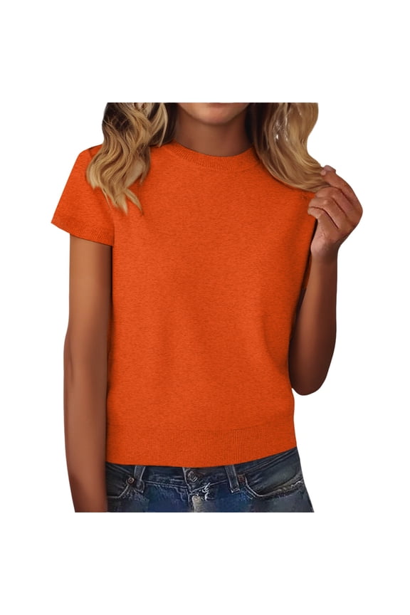 Women's Short Sleeve Wool Blend Pullover Sweater Lightweight Knit Top for Fall Layering Essentials S Size Orange
