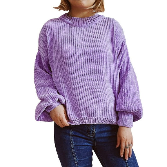 ManxiVoo Women's Soft Warm Knit Cropped Pullover Sweater Solid Color Crewneck Lantern Sleeve Winter Top M Size Purple