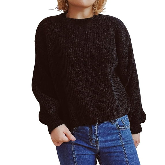 ManxiVoo Women's Soft Warm Knit Cropped Pullover Sweater Solid Color Crewneck Lantern Sleeve Winter Top S Size Black