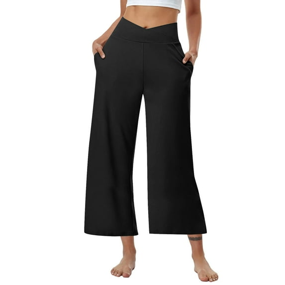 ManxiVoo Women's Solid Color High Waist Wide Leg Casual Pants Loose Fit Pocket Detail Cross Waist Athletic Cropped Trousers XXL Size Black