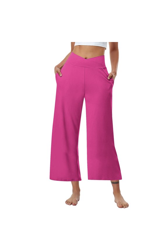 Women's Solid Color High Waist Wide Leg Casual Pants Loose Fit Pocket Detail Cross Waist Athletic Cropped Trousers XXL Size Hot Pink