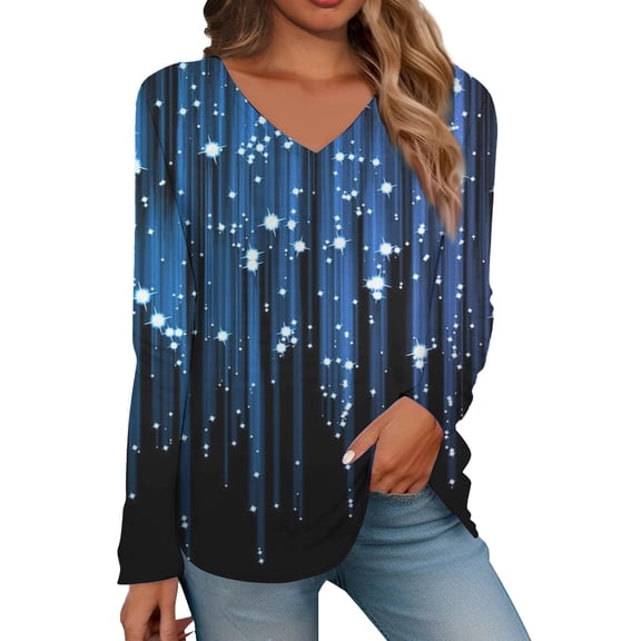 ManxiVoo Women's Sparkle Glitter V Neck Long Sleeve Top Gradient Printed Shimmering Bodycon Evening Party Blouse for Women L Size Blue