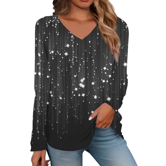 ManxiVoo Women's Sparkle Glitter V Neck Long Sleeve Top Gradient Printed Shimmering Bodycon Evening Party Blouse for Women M Size Dark Blue