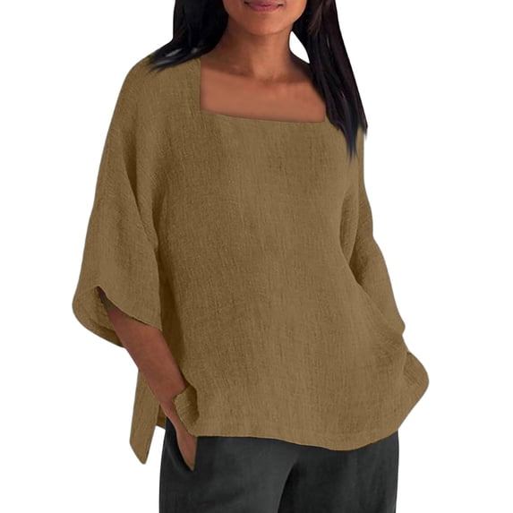 ManxiVoo Women's Square Neck 3/4 Sleeve Top Breathable Cotton Blend Solid Color Casual Shirt Relaxed Fit Modern Tops L Size Brown