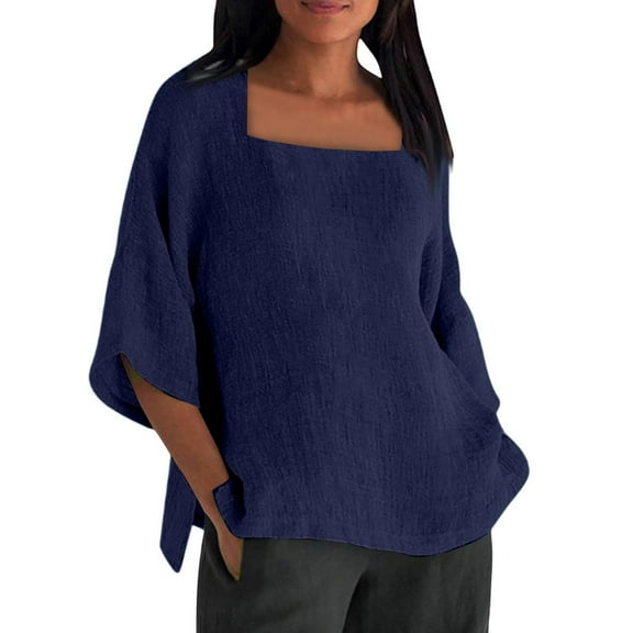 ManxiVoo Women's Square Neck 3/4 Sleeve Top Breathable Cotton Blend Solid Color Casual Shirt Relaxed Fit Modern Tops S Size Navy