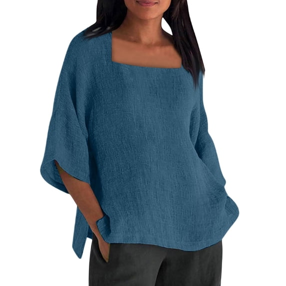 ManxiVoo Women's Square Neck 3/4 Sleeve Top Breathable Cotton Blend Solid Color Casual Shirt Relaxed Fit Modern Tops XL Size Purple