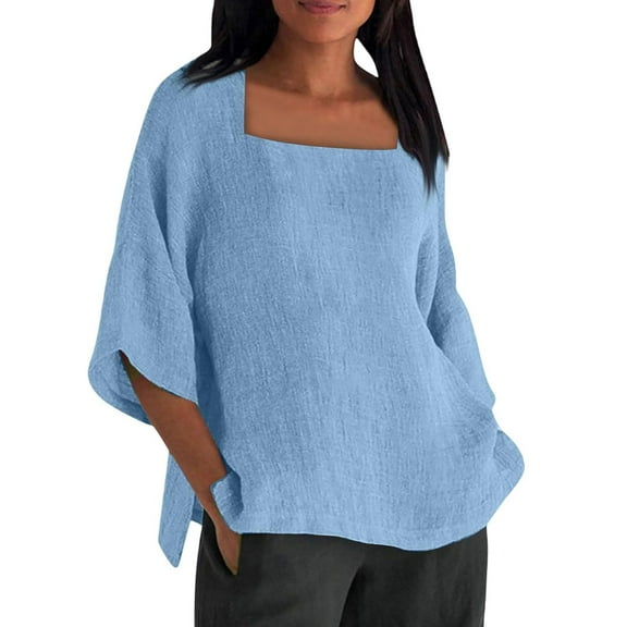 ManxiVoo Women's Square Neck 3/4 Sleeve Top Breathable Cotton Blend Solid Color Casual Shirt Relaxed Fit Modern Tops XXL Size Sky Blue