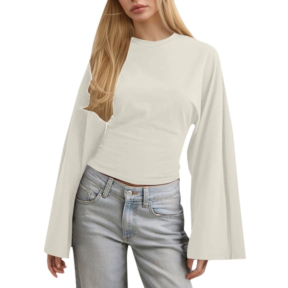 ManxiVoo Women's Statement Top with Fitted Waist and Flutter Sleeves Feminine Silhouette Long Sleeve XS Size White