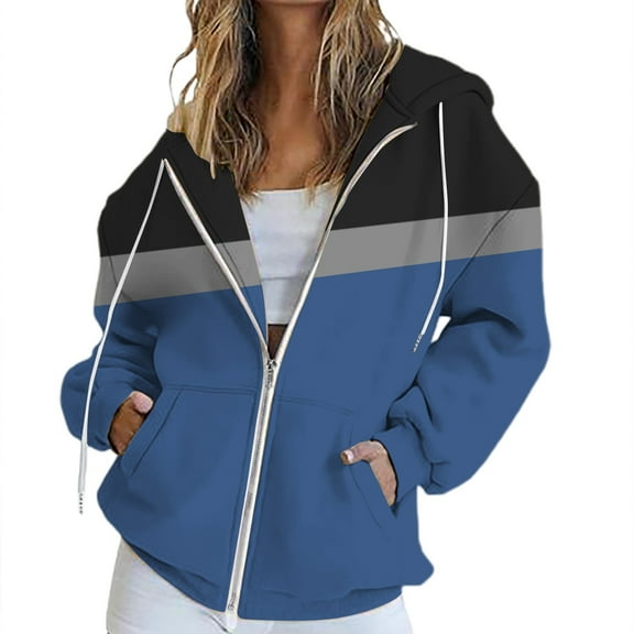 ManxiVoo Women's Striped Hooded Zipper Sweatshirt Oversized Pocket Fall Casual Jacket Comfortable Long Sleeve Lounge Wear Street Style L Size Blue
