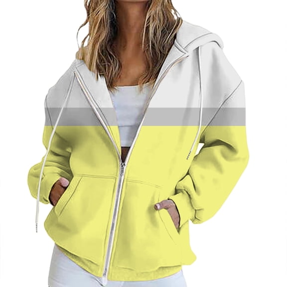 ManxiVoo Women's Striped Hooded Zipper Sweatshirt Oversized Pocket Fall Casual Jacket Comfortable Long Sleeve Lounge Wear Street Style XL Size Yellow