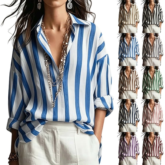 ManxiVoo Women Striped Long Sleeve V Neck Collared Blouses Loose Fit Casual Tops for Everyday Wear