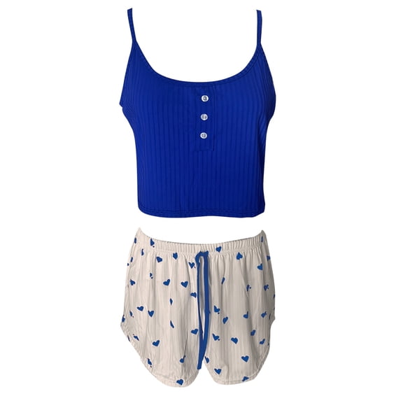 ManxiVoo Women's Summer Camisole Shorts Set Casual Home Wear Heart Print Design Lightweight Lounge Outfit with Ribbed Detailing M Size Blue