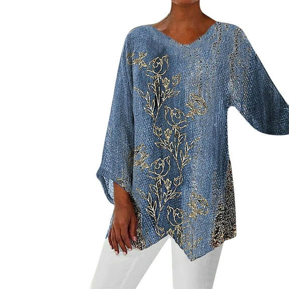 ManxiVoo Women's Summer Tops V Neck Blouse Casual Short Sleeve Shimmer Vintage Digital Print Soft Comfortable Shirt For Leggings And Daily Wear L Size Blue