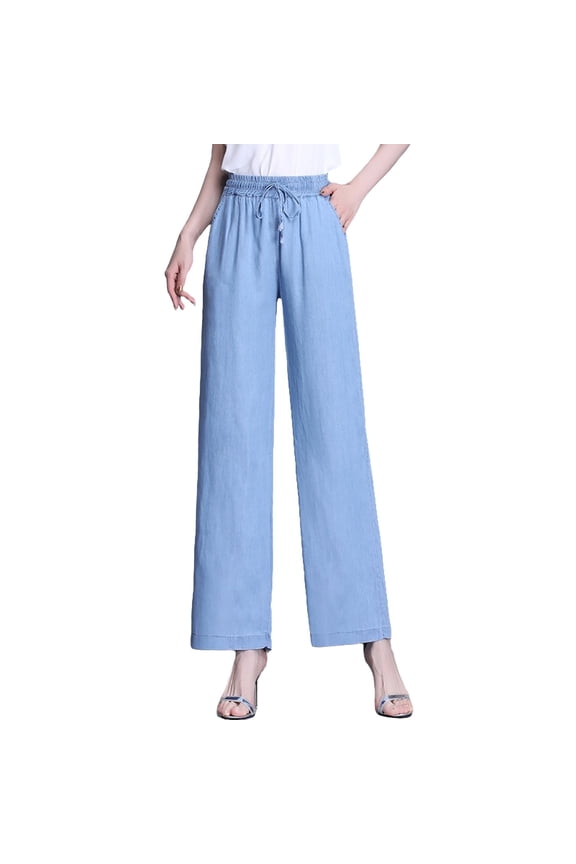 Women's Tencel Blend Wide Leg Jeans High Rise Stretch Comfort Straight Fit Lightweight Denim Trousers L Size Light Blue
