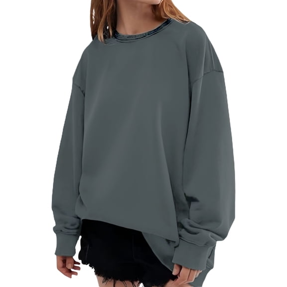 ManxiVoo Women's Textured Round Neck Long Sleeve Pullover Top Loose Fit Casual Everyday Wear XL Size Navy