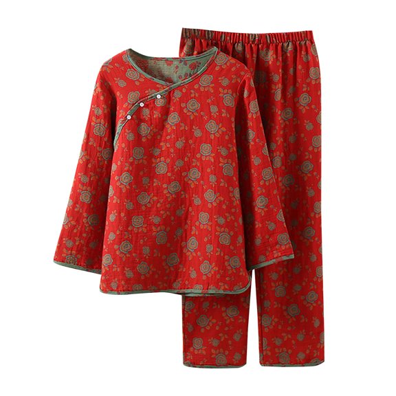 ManxiVoo Women's Traditional Weave Pullover Sleepwear Set Natural Fiber Lounge Outfit for Home Comfort Double Layer Soft Fabric Design M Size Red