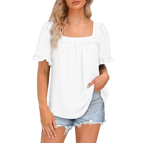 ManxiVoo Women's Trendy Summer Top Short Sleeve Flared Ruffle Sleeve Square Neck Loose Fit Casual Shirt Breezy Seasonal Style XL Size White