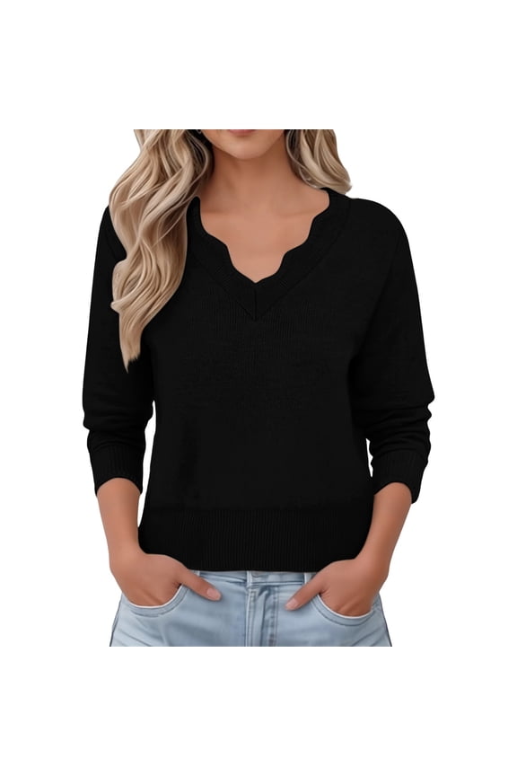 Women's V Neck Knit Sweater Lightweight Pullover Long Sleeve Top Versatile Layering Essential Soft Comfort XL Size Black